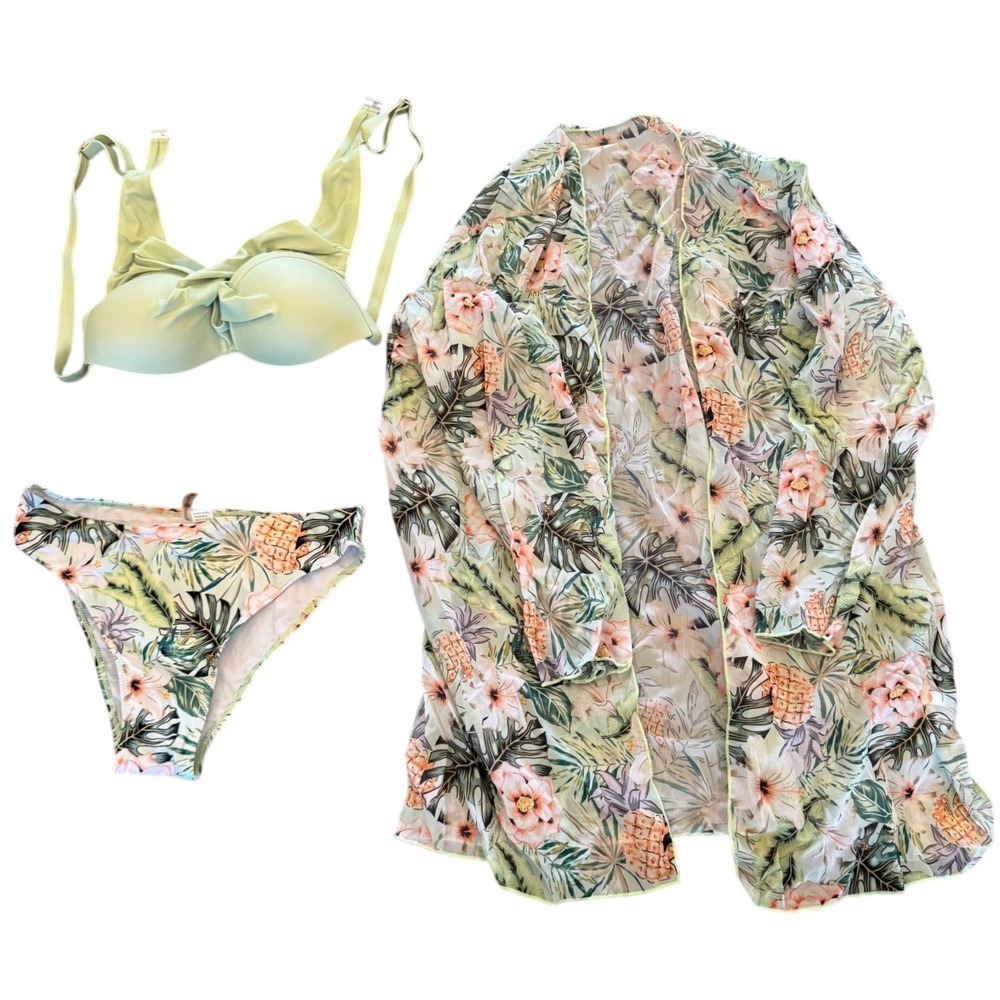 One Delta 3 Piece Swimsuit Set Tropical Floral Bikini & Kimono Cover Up Medium